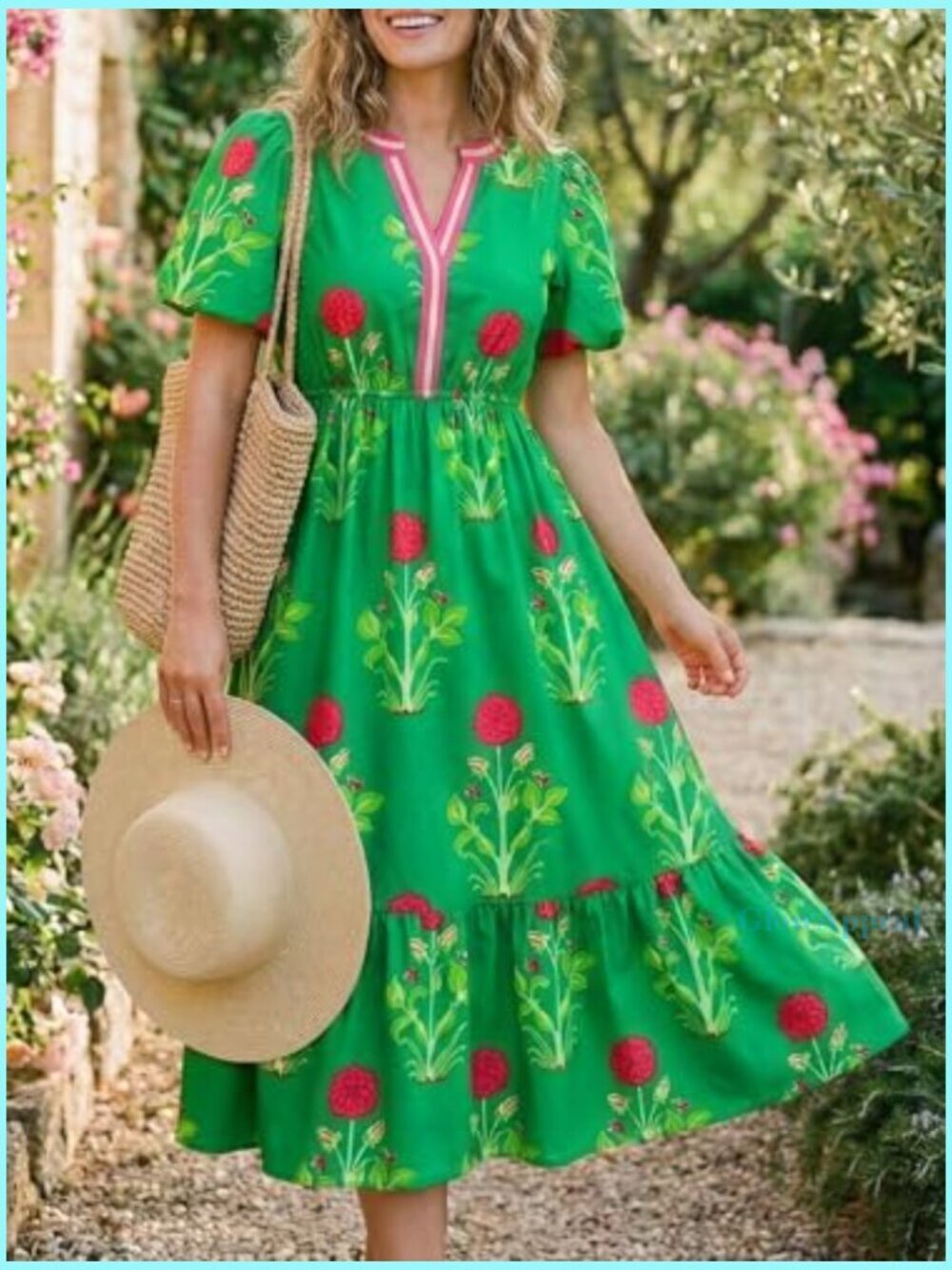 Summer Maxi Dress Floral Print A-Line Puff Sleeve V-Neck Boho Beach - Picture 5 of 7